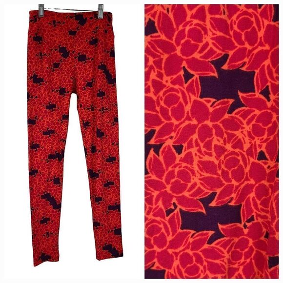 LuLaRoe Red Floral One Size (2-10) Butter Soft Legging Women's Stretch Pants - Picture 1 of 6